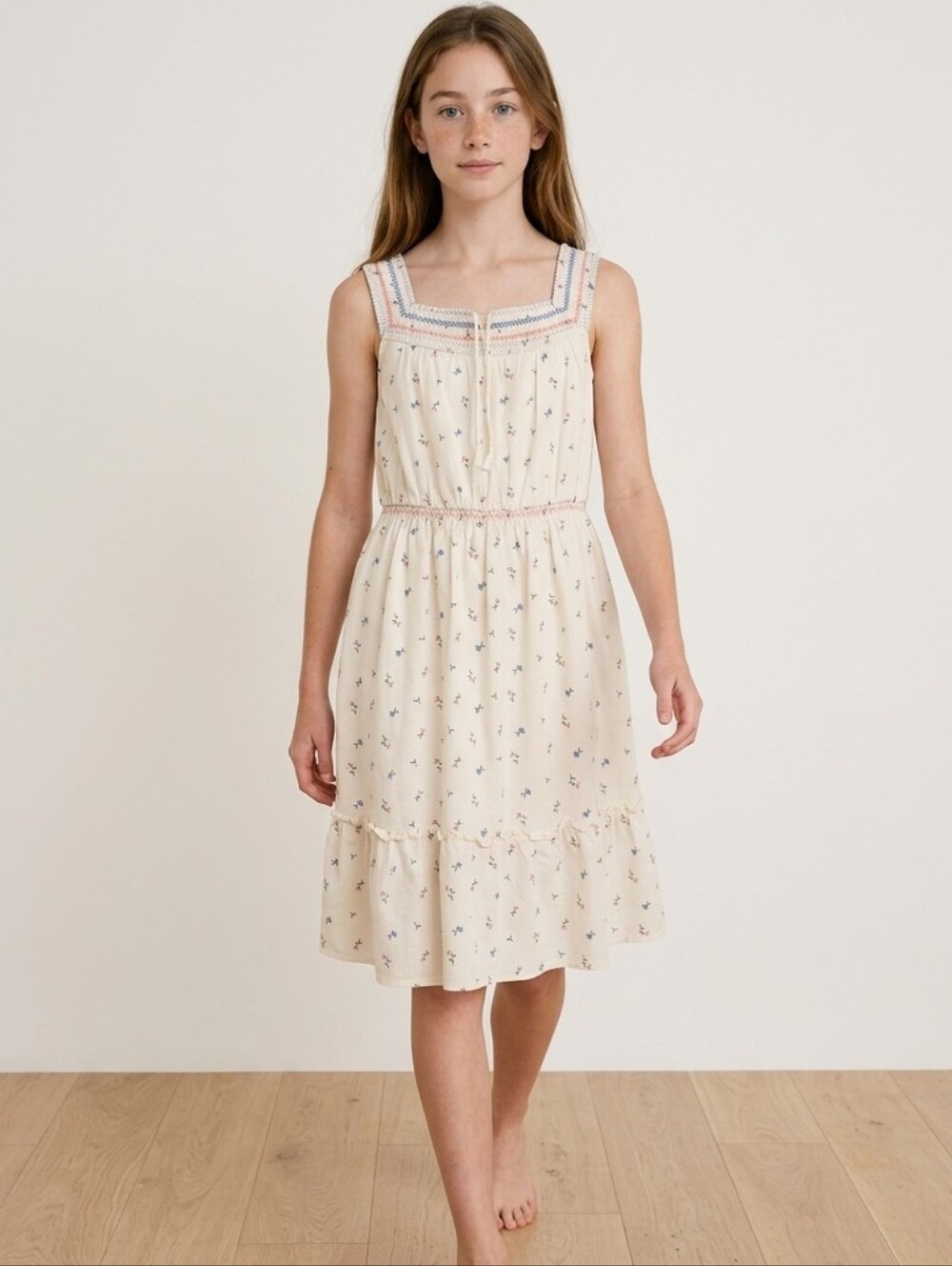 Old Navy cinched-waist dress ditsy floral embroidered Square Neckline XL 14-16
